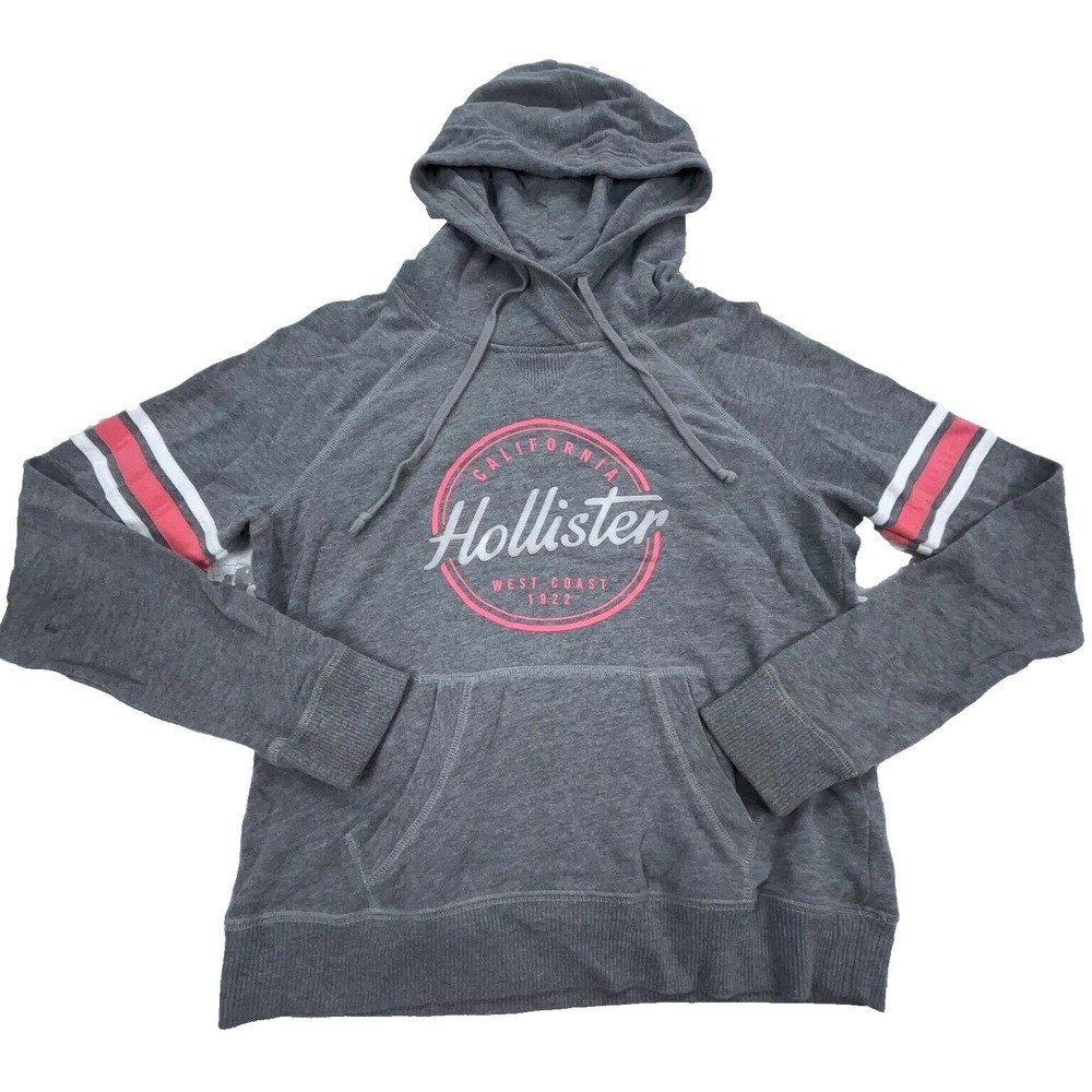 Hollister Hoodie Women Small Gray Pink Sweatshirt Sweater Spell Out Ladies *